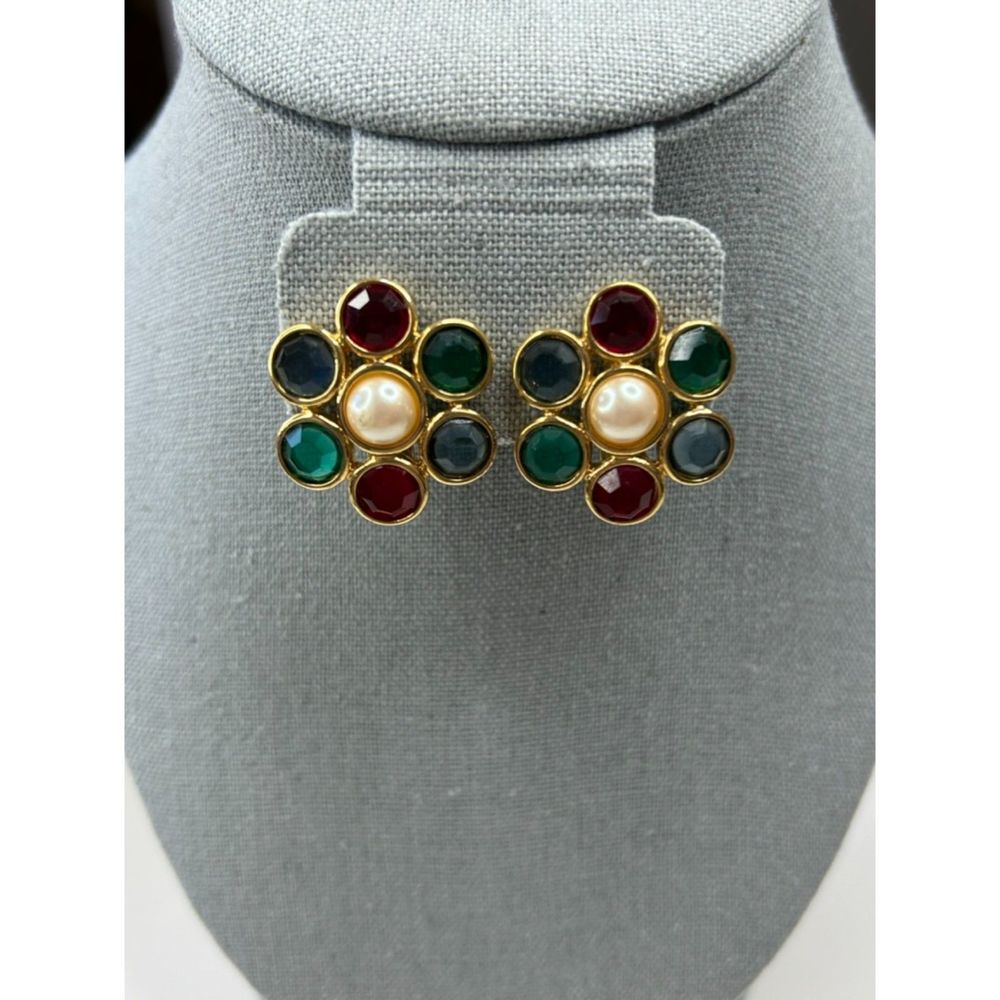 Vintage Monet Multicolored Flower Earrings Clip Ons Gold Tone